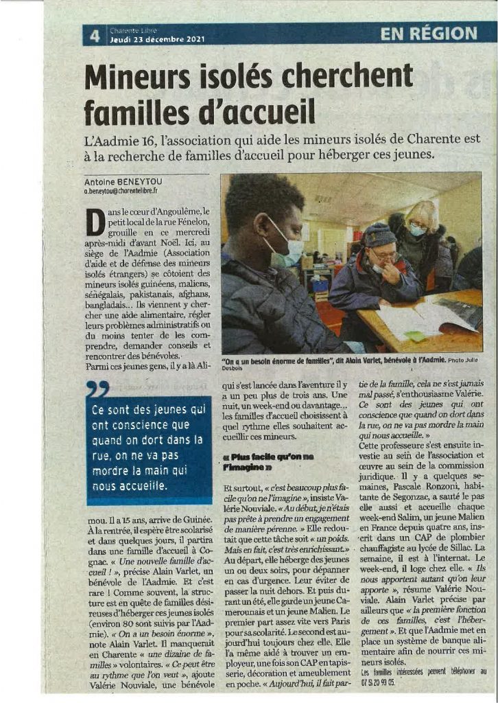 Article La Charente libre du 23 décembre 21